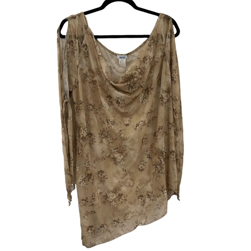 Thrill Sheer Blouse 3X Tan Floral Open Shoulder